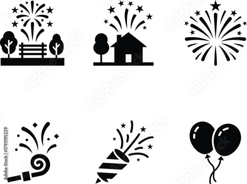 Celebration icons set Silhouette with fireworks party favors and balloons illustrations