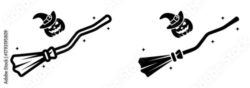 Flying Broom icon set. Illustration of a witches broom and a pumpkin wearing a witches hat for halloween celebration in minimalist line art style.