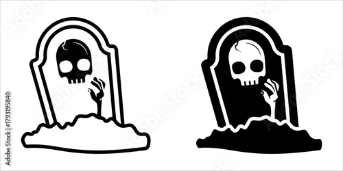 Gravestone icon set. A minimalist flat illustration of a skull and hand emerging from a grave on a tombstone, perfect for Halloween or horror themed designs. Available in black and white.