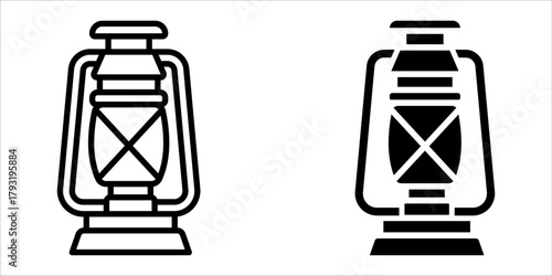 Lantern icon set. A simple illustration of an old fashioned kerosene lantern in both outline and filled silhouette styles. This image features a vintage lantern, a classic portable light.