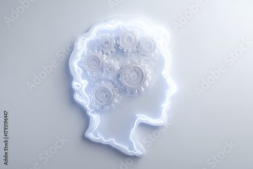 Glowing head outline with gears, concept of mental processing