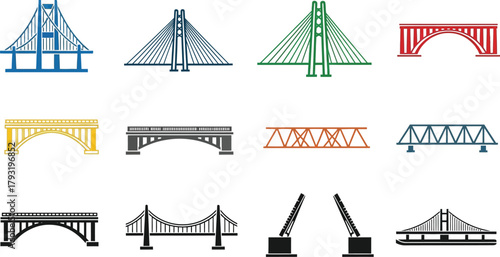 Diverse collection of architectural bridge designs, showcasing various engineering styles and structures.
