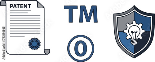 Protecting intellectual property with patent, trademark, and copyright symbols, symbolizing innovation and security.