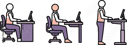 Diverse postures for comfortable and healthy office work, showing sitting and standing desk options.