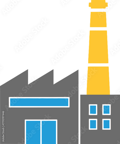 Modern industrial factory building with a tall chimney emitting smoke, representing manufacturing and production.