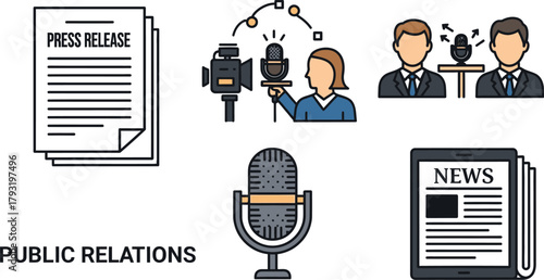 Public relations icons representing media outreach, news, and communication.
