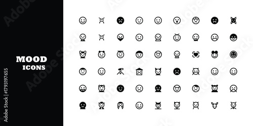 Expressive mood icons capture a spectrum of emotions, perfect for digital storytelling and user interfaces, conveying feelings clearly and engagingly.