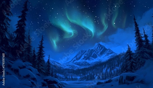 Brilliant celestial light illuminates a snowy mountain valley beneath a dark starry sky