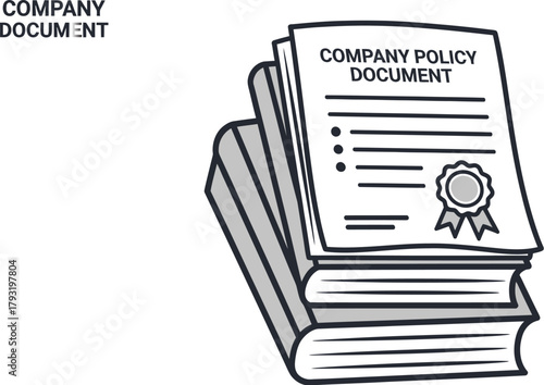 Stack of books with company policy document on top, representing knowledge and compliance