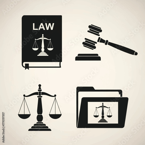 Law and justice icon set legal symbols in flat vector design isolated on white background