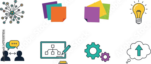 Collection of icons representing business concepts like ideas, collaboration, planning, and growth.