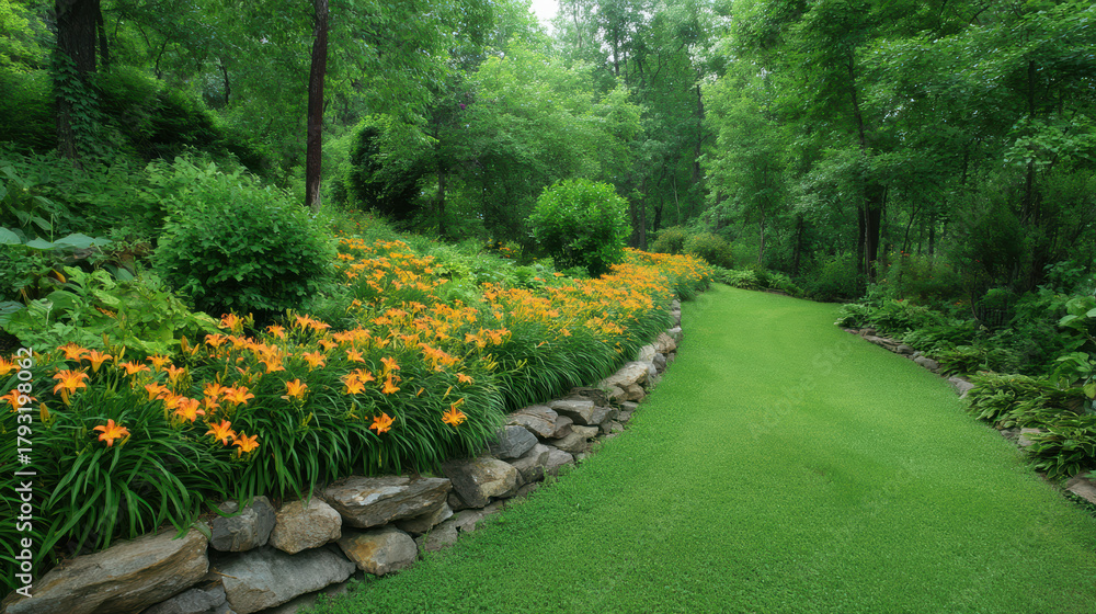 Obraz premium A picturesque grassy path winds through a vibrant garden filled with blooming orange daylilies and lush green foliage leading into a peaceful, wooded area.