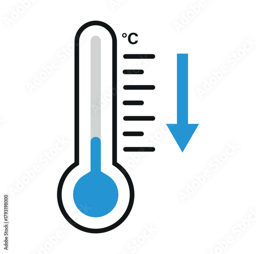 Illustration of a thermometer showing a decrease in temperature with a blue arrow pointing down