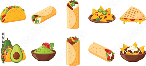 Vibrant collection of popular Mexican food items including tacos, burritos, nachos, and guacamole.