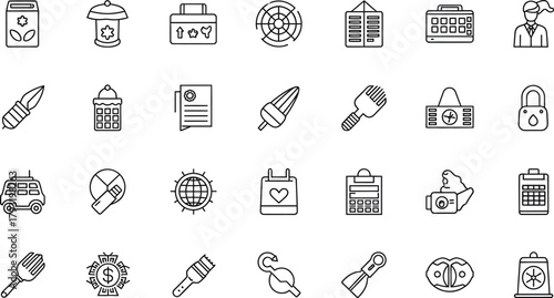 Clean line art icons representing various concepts and objects for digital design.