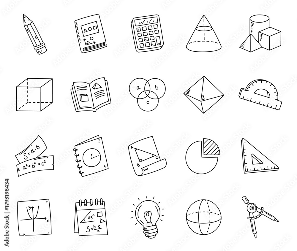 Fototapeta premium Geometry set in outline line art showing educational tools, books, chart, and shapes for learning, measurement, drawing, studying, teaching, and knowledge development for classroom projects