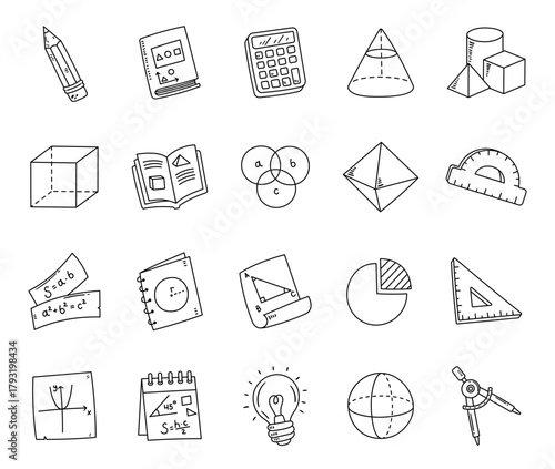 Geometry set in outline line art showing educational tools, books, chart, and shapes for learning, measurement, drawing, studying, teaching, and knowledge development for classroom projects