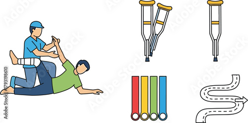 Physical therapist assists patient with rehabilitation exercises, alongside medical icons.