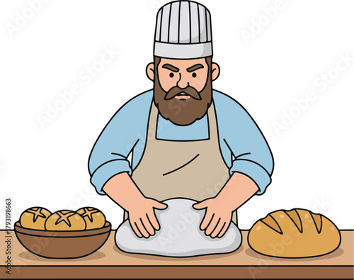 Bearded male baker kneading dough, focused cartoon vector illustration