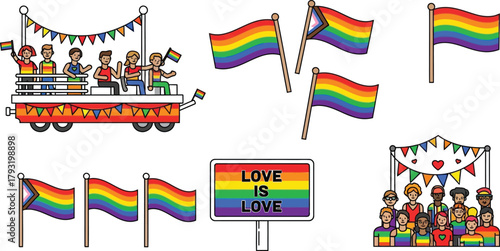 Celebrating diversity and inclusion with rainbow flags and joyful parade elements