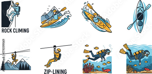 Dynamic illustrations of adventure sports: rock climbing, kayaking, ziplining, and scuba diving