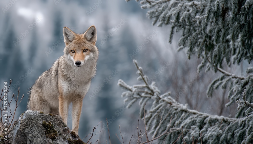 Fototapeta premium Wild canine pauses on rocky outcrop in frosty, wooded environment