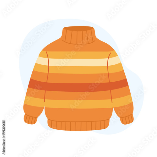 Warm striped sweater in orange and yellow tones, cozy knitted sweater symbolizing autumn comfort and retro style, sweater illustration perfect for fall fashion and seasonal decor.