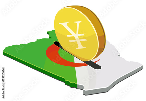 A yen coin being inserted into a slot on the Algeria map (flag colors). Concept for foreign investment, finance, or economic aid. (cut out)