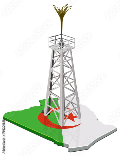 A petroleum drilling rig standing on the Algeria country map (flag colors). Concept for oil, gas, natural resources, or energy economy. (cut out)