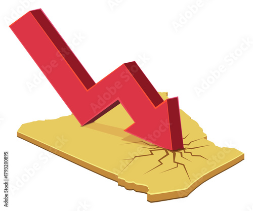 Yellow Algeria map cracked by a large red arrow crashing down. Concept of economic recession or financial crisis in North Africa. (cut out)