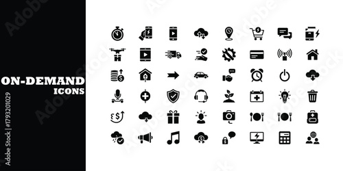 Dynamic on demand icon set for modern business and lifestyle applications, offering instant access to essential digital symbols for seamless integration and visual communication.