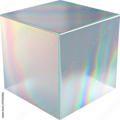 3d glass cube box with crystal dispersion effect. Abstract empty glassy square with prism holographic gradient. Isolated realistic translucent flying plexiglass object with light reflection