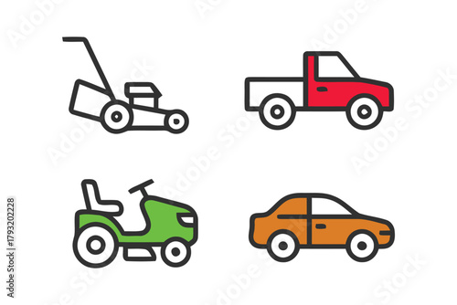 A collection of four simplified vehicle icons including a lawn mower and a car.