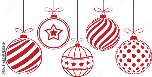 Red and White Christmas Baubles Collection – Festive Holiday Ornaments Set with Snowflake, Star, and Stripe Designs.
