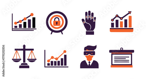 A collection of icons representing business, technology, and finance concepts.