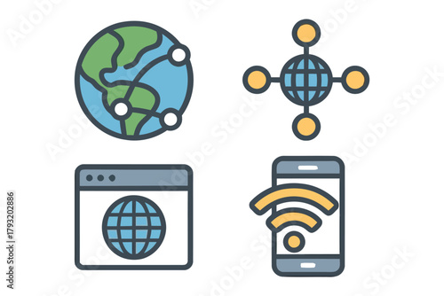 Icons represent the interconnectedness of global communication and technology networks.