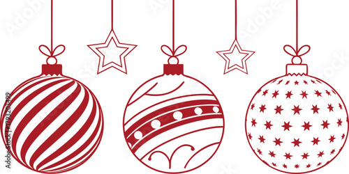 Red and White Christmas Baubles Collection – Festive Holiday Ornaments Set with Snowflake, Star, and Stripe Designs.
