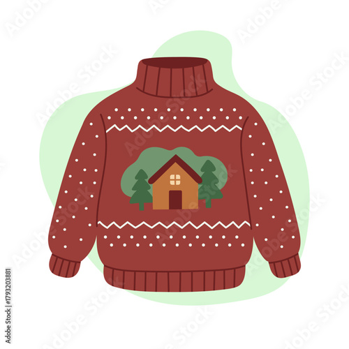 Cozy red sweater with cabin and pine tree design, warm knitted sweater evoking winter comfort and holiday spirit, sweater illustration perfect for Christmas fashion and seasonal decor.