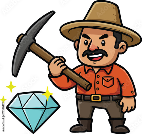 Miner holding pickaxe next to sparkling blue diamond gem cartoon character illustration vector art 