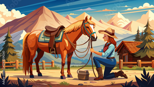 Very beautiful young cowgirl saddling a horse in Bridger, Montana, USA, featuring rustic western scenery, warm sunlight, and authentic ranch life atmosphere, capturing the spirit of the American count