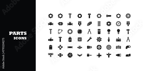 Dynamic collection of industrial and mechanical parts icons for engineering and manufacturing projects, offering versatile design elements.
