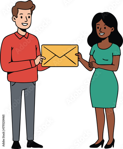 Two diverse people exchanging yellow envelope in casual clothing vector illustration for communication and teamwork concept 