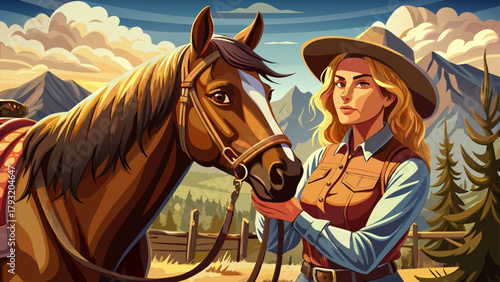 Very beautiful young cowgirl saddling a horse in Bridger, Montana, USA, featuring rustic western scenery, warm sunlight, and authentic ranch life atmosphere, capturing the spirit of the American count