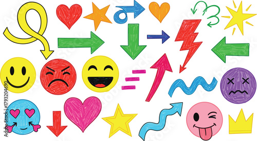 Collection of Chalkboard Style Doodle Elements Arrows, Hearts, Stars, Clouds, Crowns, and More