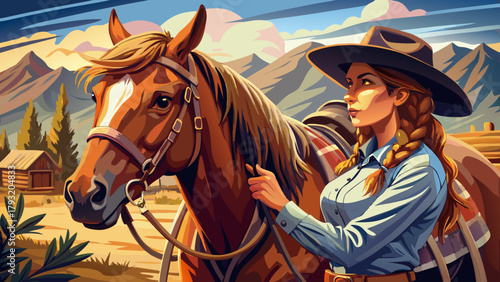 Very beautiful young cowgirl saddling a horse in Bridger, Montana, USA, featuring rustic western scenery, warm sunlight, and authentic ranch life atmosphere, capturing the spirit of the American count