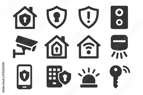 Home security icon set featuring camera, lock, alarm, and key symbols.