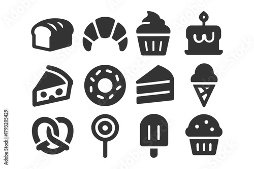 Assorted baked goods and desserts icons collection featuring bread cake and donut.