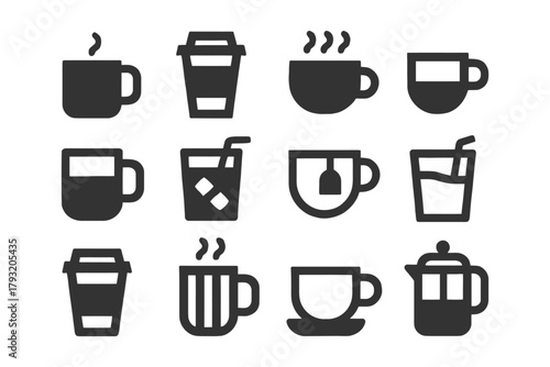 Variety of coffee and tea cup icons in black and white.