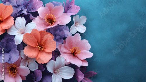 Wallpaper Mural An assortment of delicate handmade paper flowers in pastel shades of pink, orange, white, and purple are arranged on a textured blue background creating softness. Torontodigital.ca