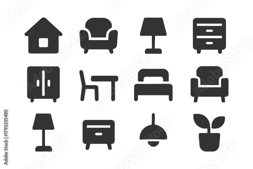 Set of black furniture silhouettes including chair, lamp, and table icons.